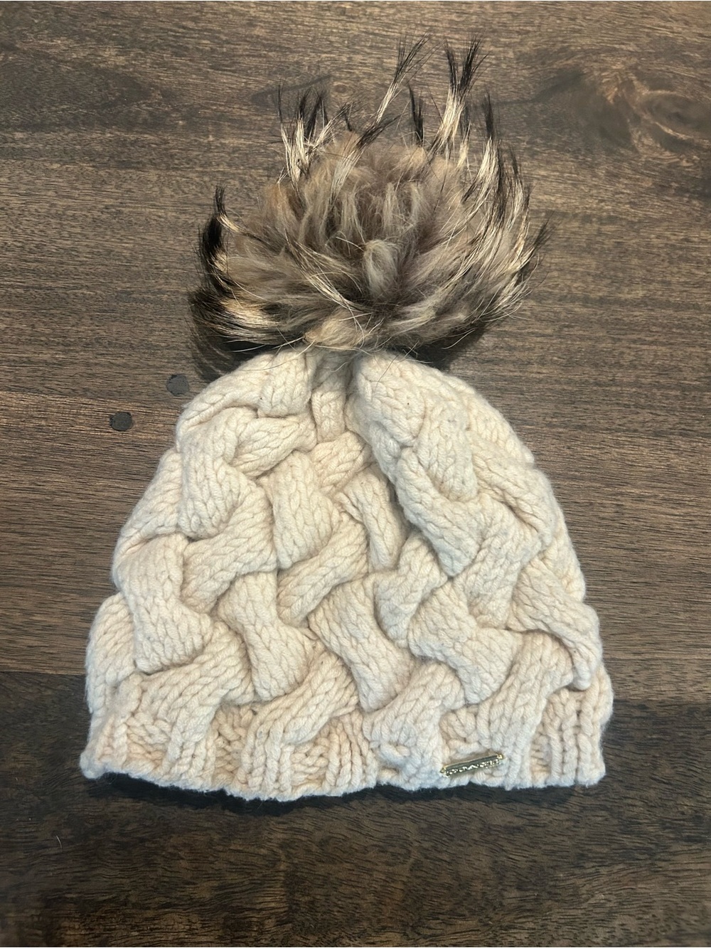 COACH wool/cashmere/fur ivory women’s cable knit beanie